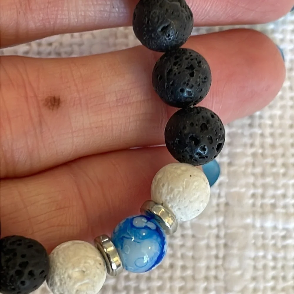 Lava rock blue natural stone silver Eagle charm stretch bracelet